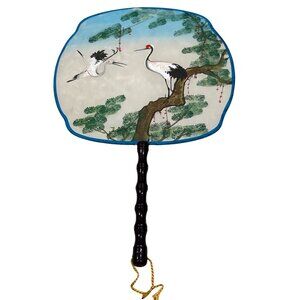 Hand-Painted Asian-Style Decorative Fan With Bamboo Handle & Crane Design